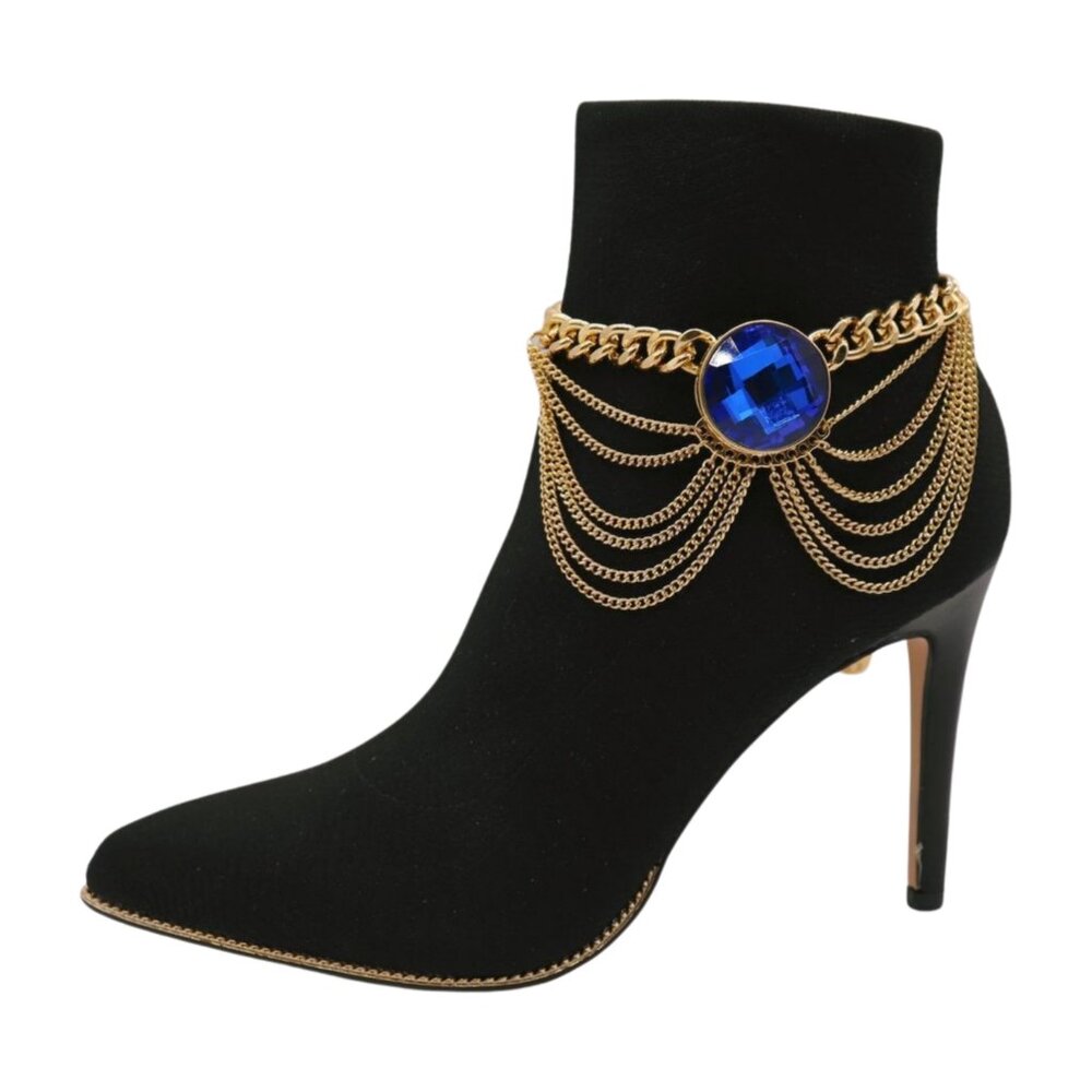 Women Gold Metal Boot Chain Waves Bracelet Anklet Shoe Bling Blue Color Charm
